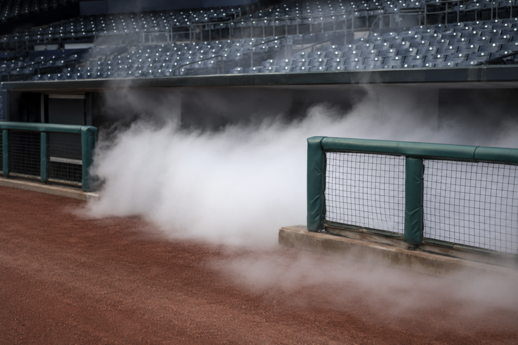 Created by Chat GPT. Image of a foggy nameless baseball stadium